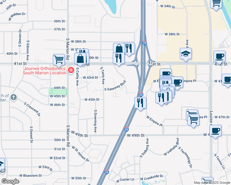 map of restaurants, bars, coffee shops, grocery stores, and more near 3600 South Gateway Boulevard in Sioux Falls