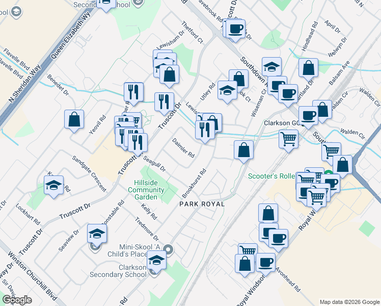 map of restaurants, bars, coffee shops, grocery stores, and more near 1293 Daimler Road in Mississauga