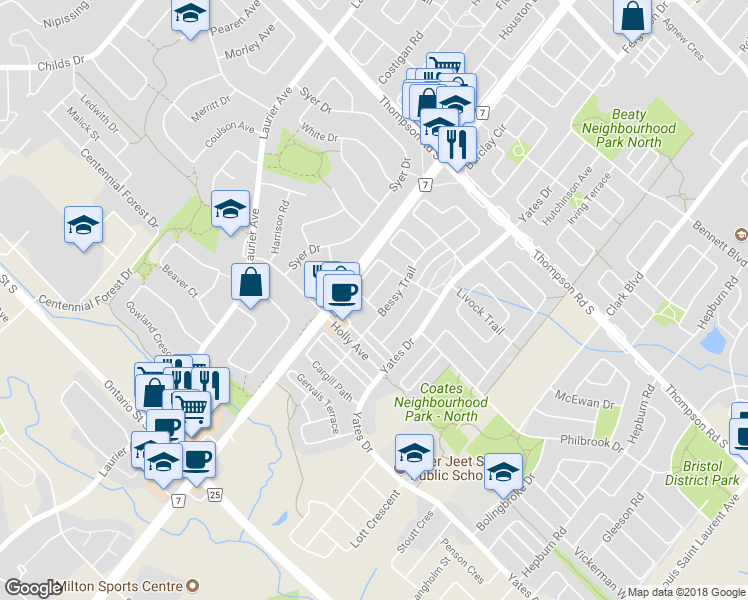 map of restaurants, bars, coffee shops, grocery stores, and more near 800 Speck Crossing in Milton