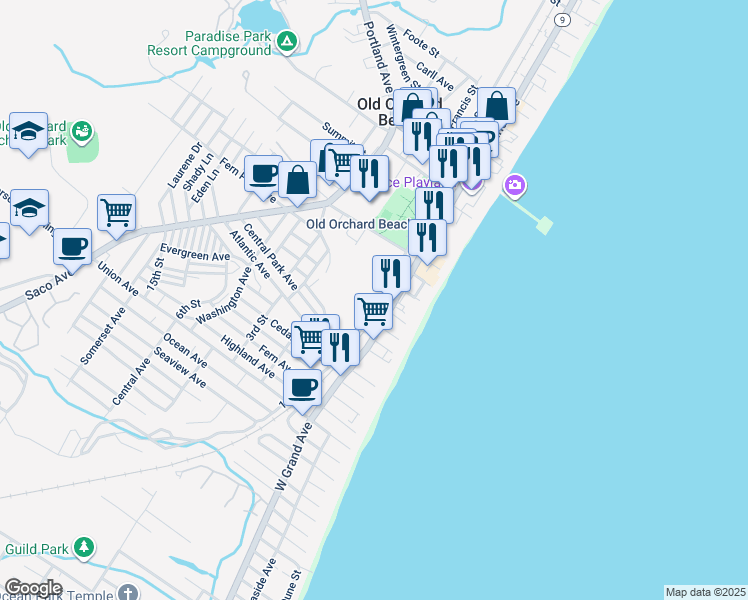 map of restaurants, bars, coffee shops, grocery stores, and more near 46 1st Street in Old Orchard Beach