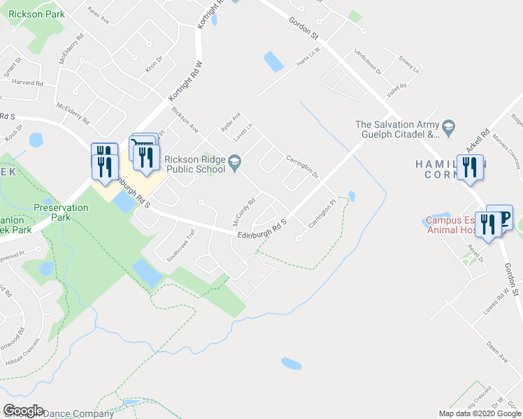 map of restaurants, bars, coffee shops, grocery stores, and more near 12 Edinburgh Road South in Guelph