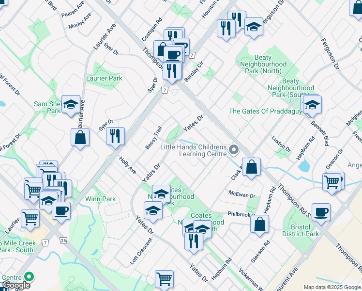 map of restaurants, bars, coffee shops, grocery stores, and more near 700 Lingen Crescent in Milton