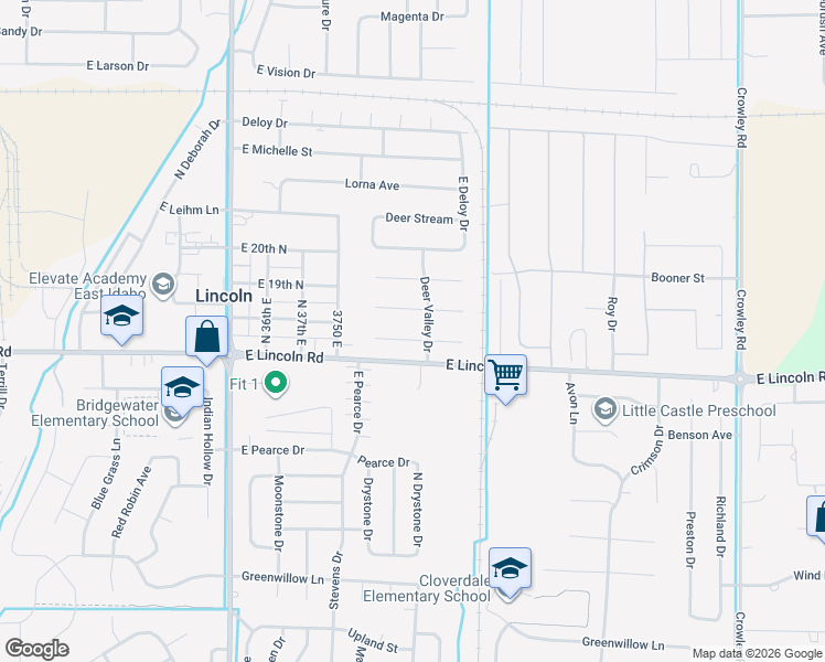 map of restaurants, bars, coffee shops, grocery stores, and more near 3857 East Deer Creek in Idaho Falls