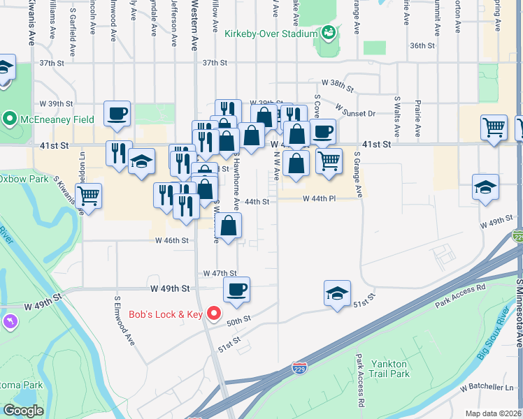 map of restaurants, bars, coffee shops, grocery stores, and more near 3704 South Glendale Avenue in Sioux Falls