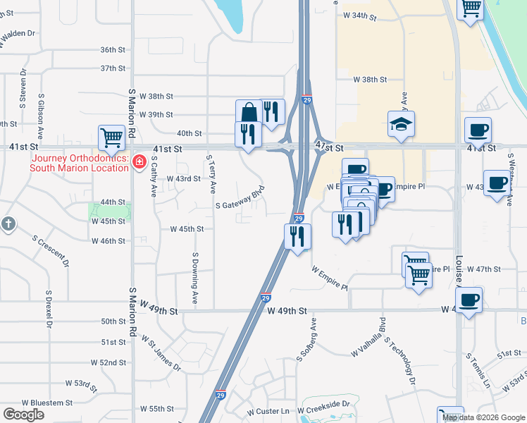map of restaurants, bars, coffee shops, grocery stores, and more near 3544 South Gateway Boulevard in Sioux Falls