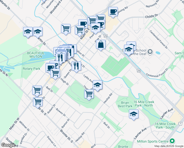 map of restaurants, bars, coffee shops, grocery stores, and more near 138 Commercial Street in Milton