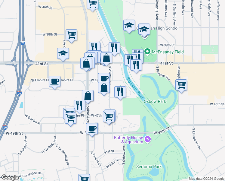 map of restaurants, bars, coffee shops, grocery stores, and more near 3702 South Westport Avenue in Sioux Falls