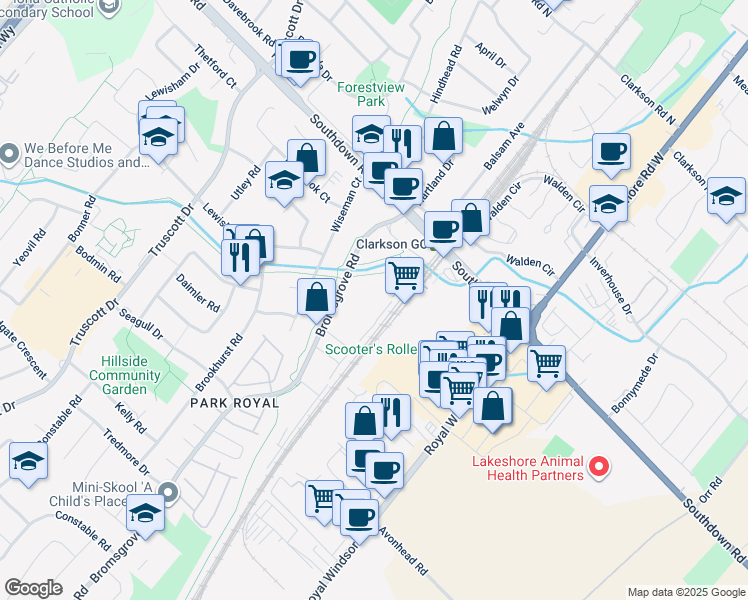map of restaurants, bars, coffee shops, grocery stores, and more near 2170 Bromsgrove Road in Mississauga