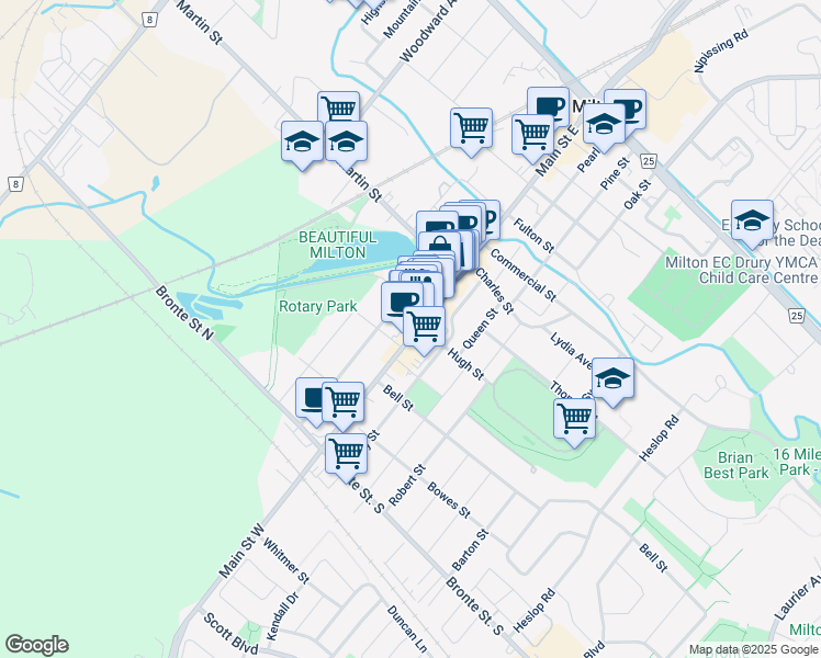 map of restaurants, bars, coffee shops, grocery stores, and more near in Milton