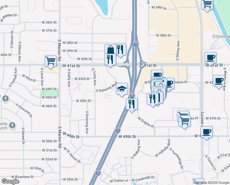 map of restaurants, bars, coffee shops, grocery stores, and more near 3544 South Gateway Boulevard in Sioux Falls