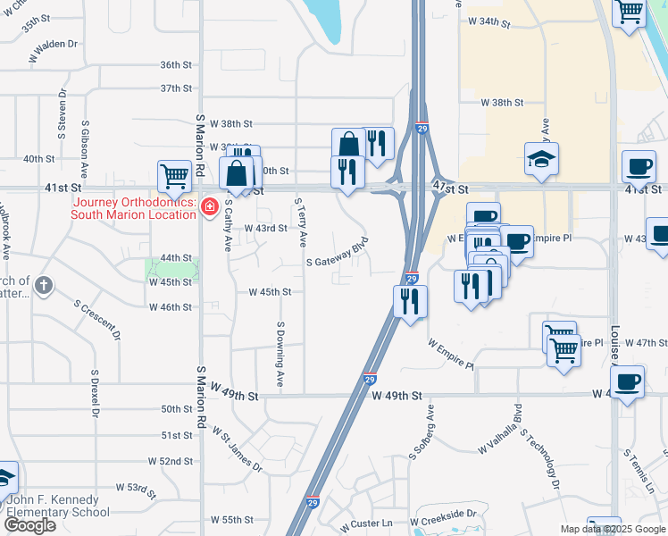 map of restaurants, bars, coffee shops, grocery stores, and more near 3600 South Gateway Boulevard in Sioux Falls