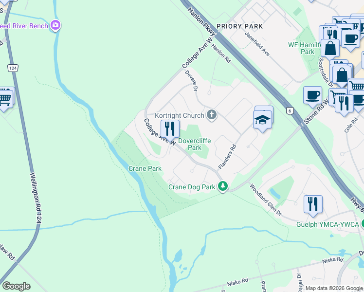 map of restaurants, bars, coffee shops, grocery stores, and more near 628 College Avenue West in Guelph