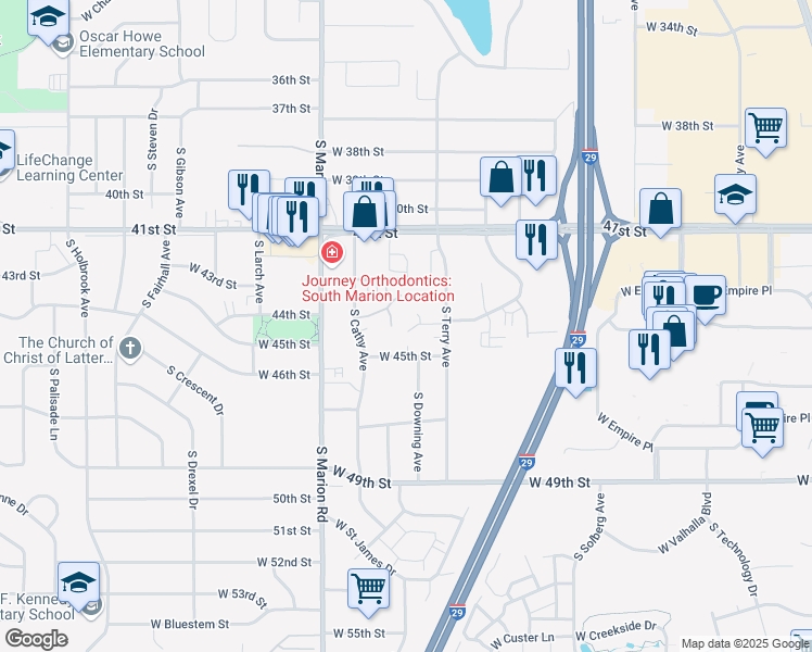 map of restaurants, bars, coffee shops, grocery stores, and more near 4922 West Kirkwood Place in Sioux Falls