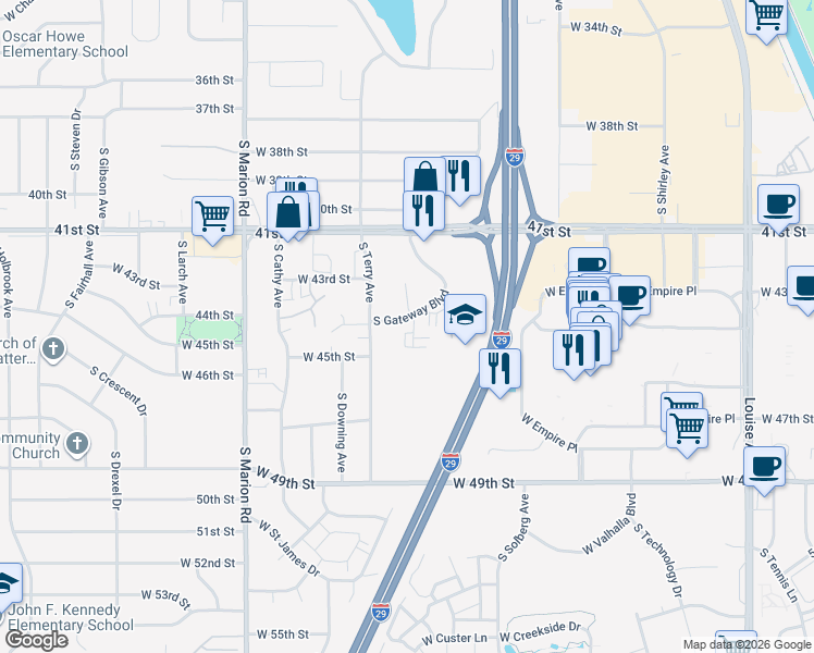 map of restaurants, bars, coffee shops, grocery stores, and more near 3600 South Gateway Boulevard in Sioux Falls