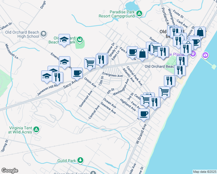 map of restaurants, bars, coffee shops, grocery stores, and more near 2 Church Street in Old Orchard Beach