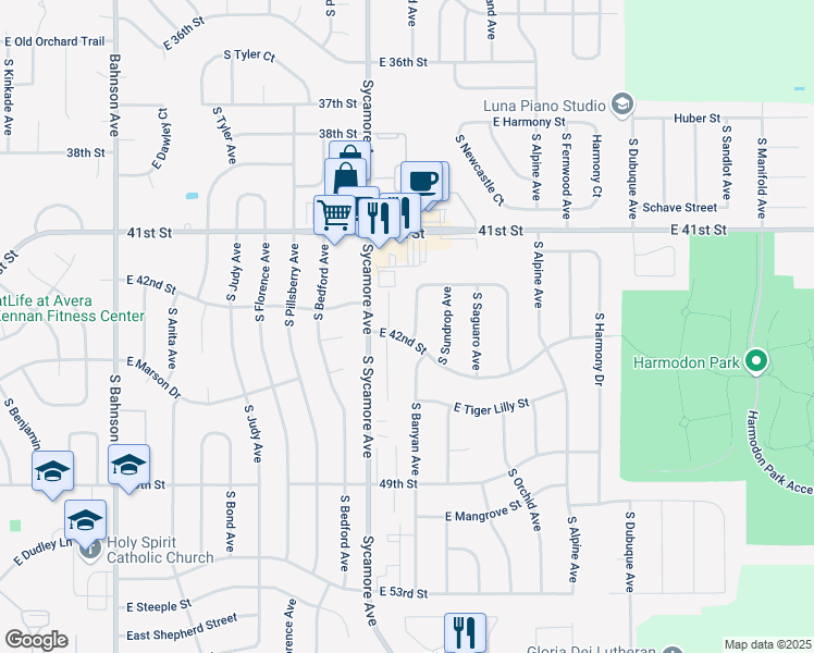 map of restaurants, bars, coffee shops, grocery stores, and more near 4509 East 42nd Street in Sioux Falls