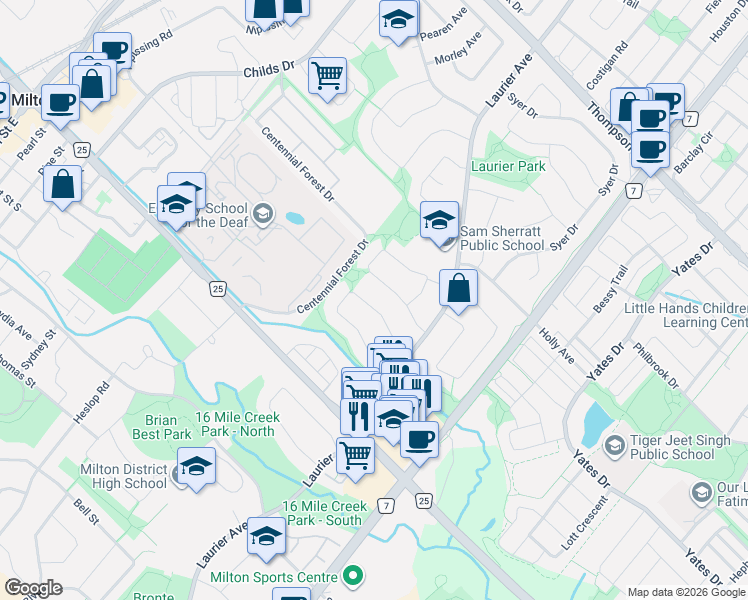 map of restaurants, bars, coffee shops, grocery stores, and more near 463 Gowland Crescent in Milton