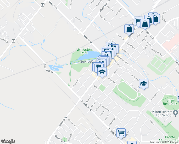 map of restaurants, bars, coffee shops, grocery stores, and more near 42 James Street in Milton
