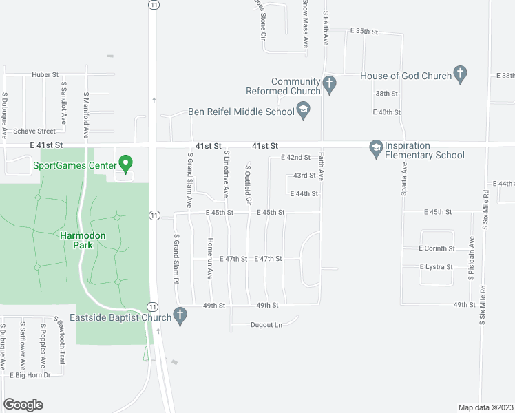 map of restaurants, bars, coffee shops, grocery stores, and more near 6604 East 45th Street in Sioux Falls