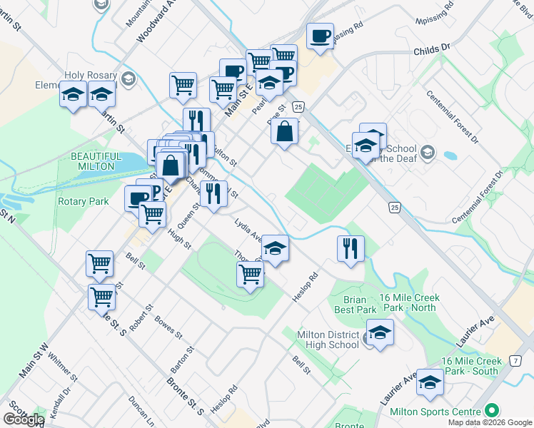 map of restaurants, bars, coffee shops, grocery stores, and more near 145 Commercial Street in Milton
