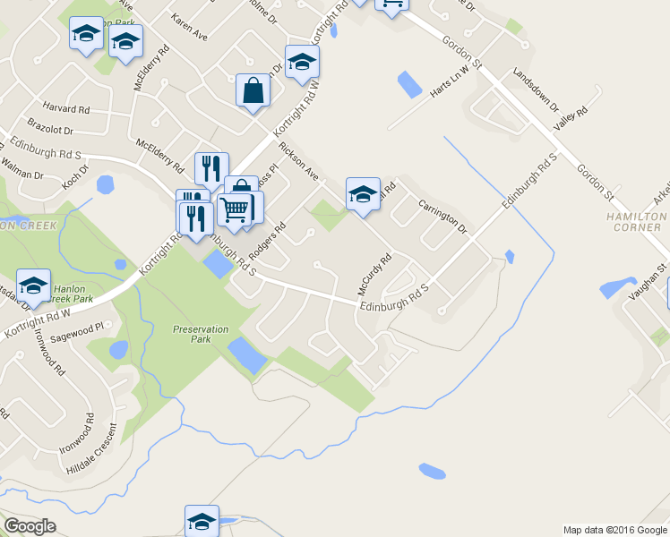 map of restaurants, bars, coffee shops, grocery stores, and more near 23 Ginger Court in Guelph
