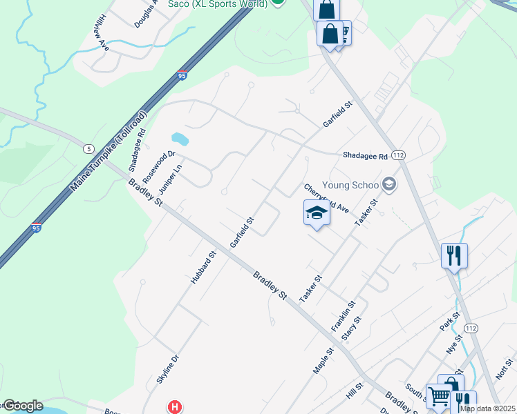 map of restaurants, bars, coffee shops, grocery stores, and more near 18A Garfield Street in Saco