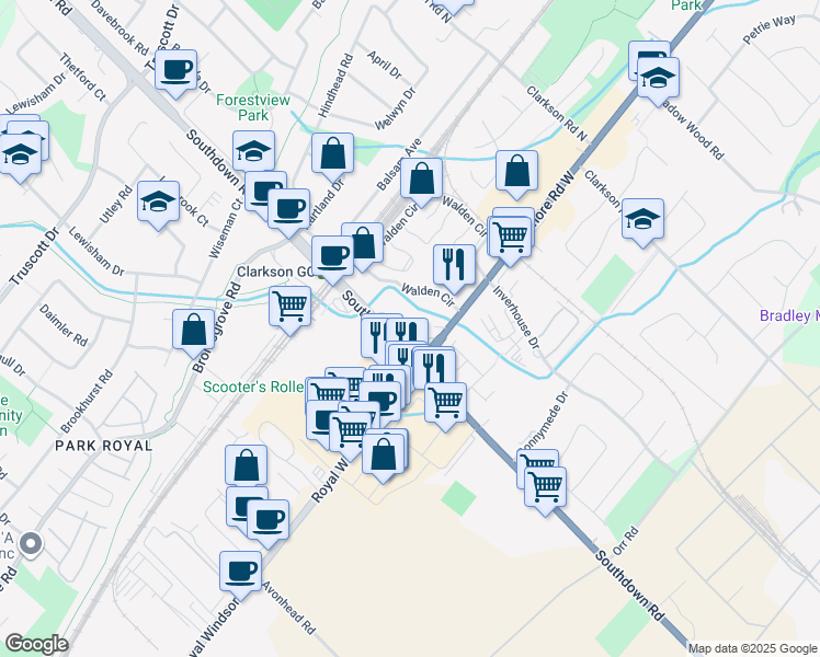 map of restaurants, bars, coffee shops, grocery stores, and more near in Mississauga