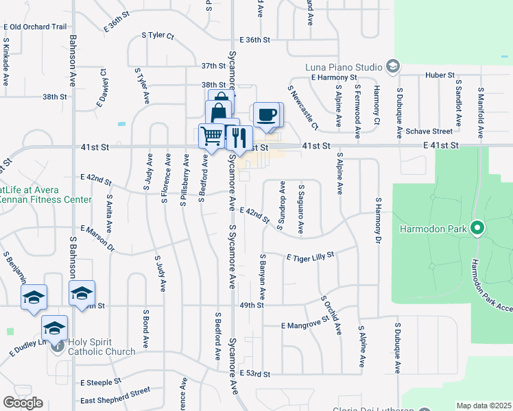 map of restaurants, bars, coffee shops, grocery stores, and more near 4509 East 42nd Street in Sioux Falls
