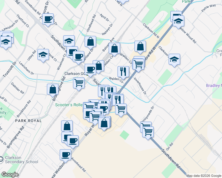 map of restaurants, bars, coffee shops, grocery stores, and more near in Mississauga