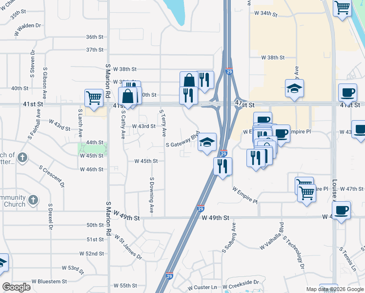 map of restaurants, bars, coffee shops, grocery stores, and more near 3600 South Gateway Boulevard in Sioux Falls
