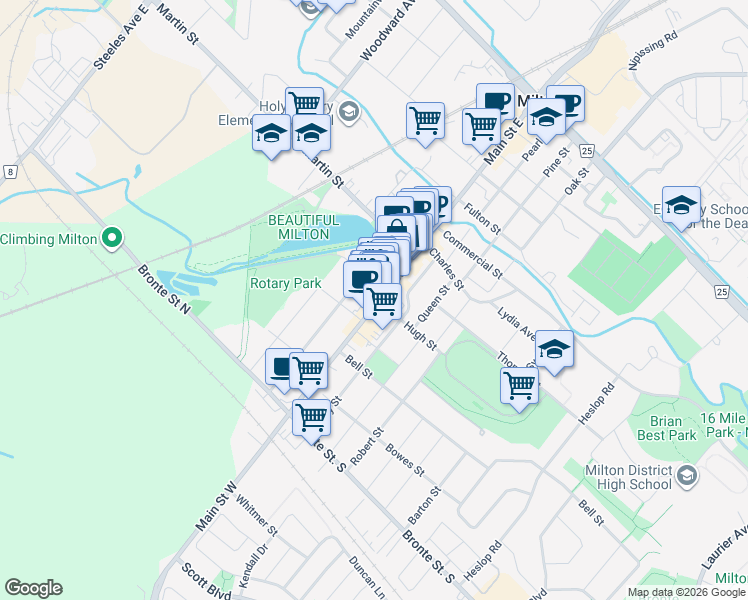 map of restaurants, bars, coffee shops, grocery stores, and more near 165 Main Street East in Milton