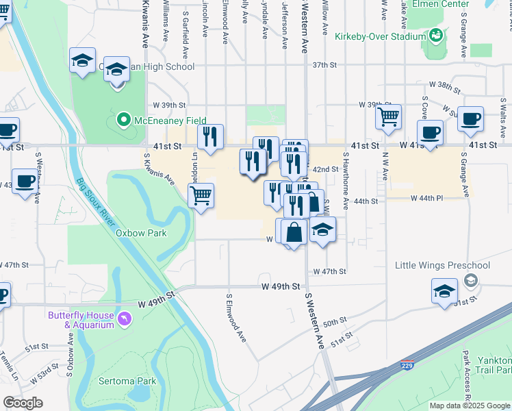 map of restaurants, bars, coffee shops, grocery stores, and more near 2101 West 41st Street in Sioux Falls
