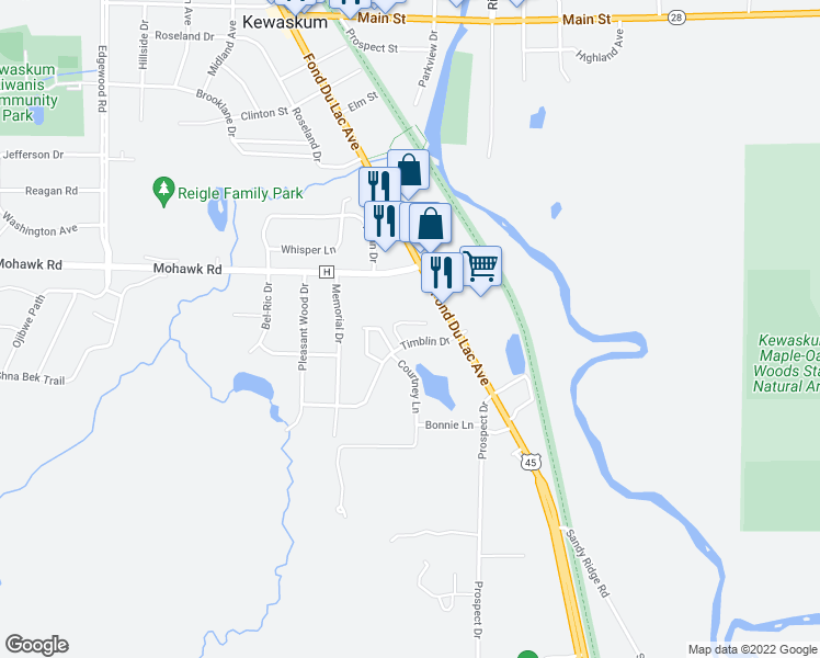 map of restaurants, bars, coffee shops, grocery stores, and more near 112 Timblin Drive in Kewaskum