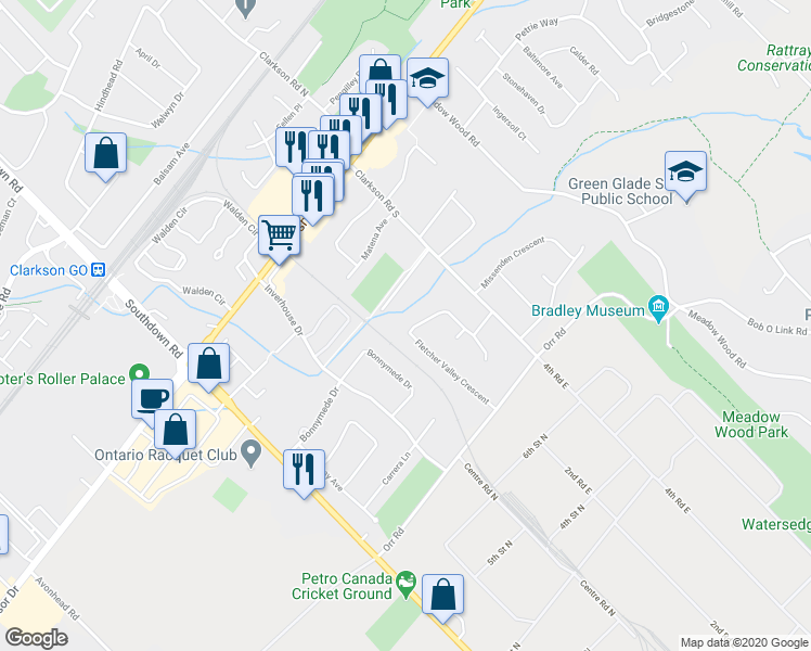 map of restaurants, bars, coffee shops, grocery stores, and more near 865 Fletcher Valley Crescent in Mississauga