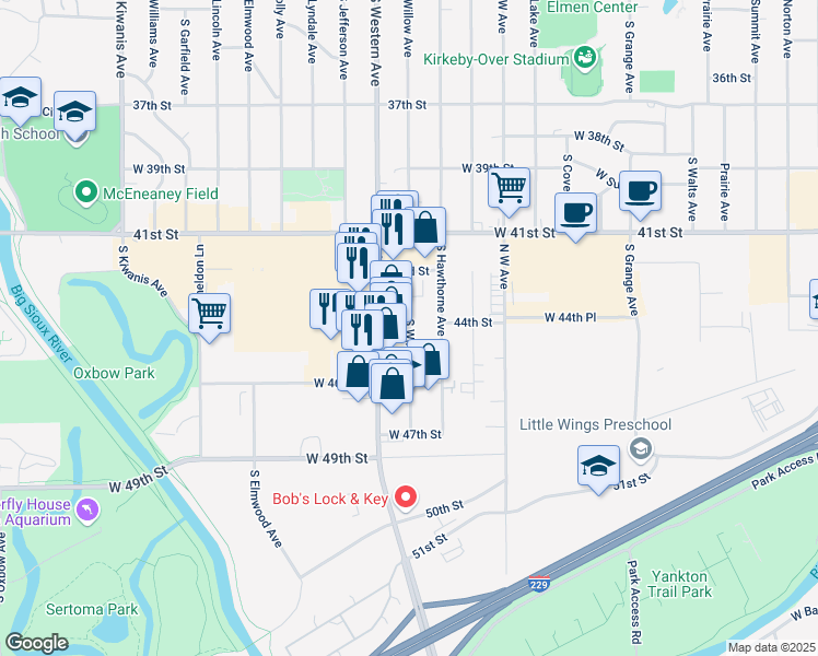 map of restaurants, bars, coffee shops, grocery stores, and more near 3701 South Willow Avenue in Sioux Falls