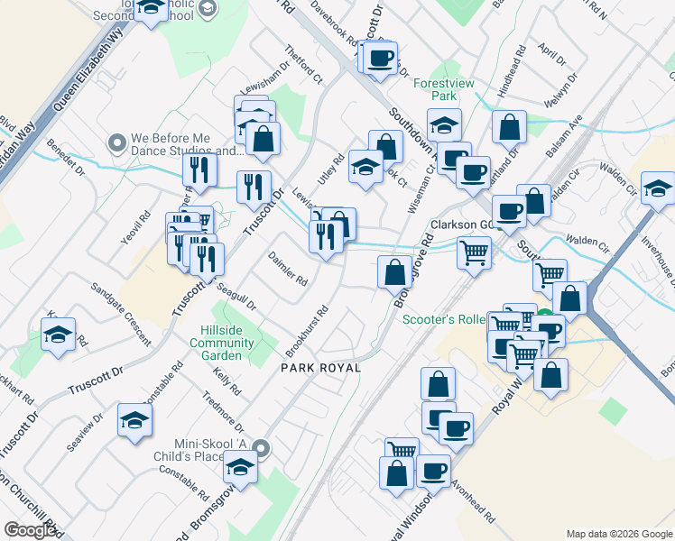 map of restaurants, bars, coffee shops, grocery stores, and more near 2291 Brookhurst Road in Mississauga