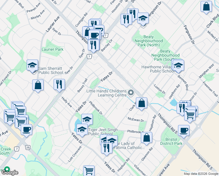 map of restaurants, bars, coffee shops, grocery stores, and more near 729 Boughton Crescent in Milton