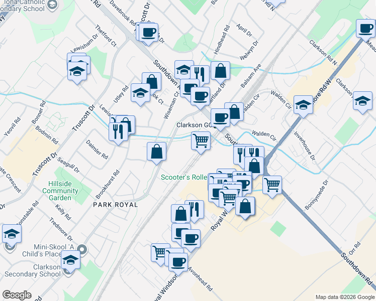 map of restaurants, bars, coffee shops, grocery stores, and more near 2170 Bromsgrove Road in Mississauga