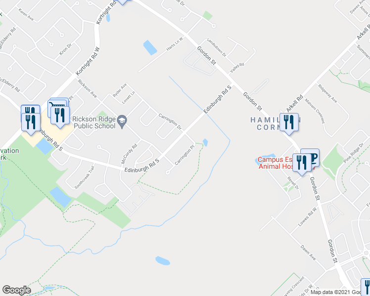 map of restaurants, bars, coffee shops, grocery stores, and more near 35 Carrington Place in Guelph