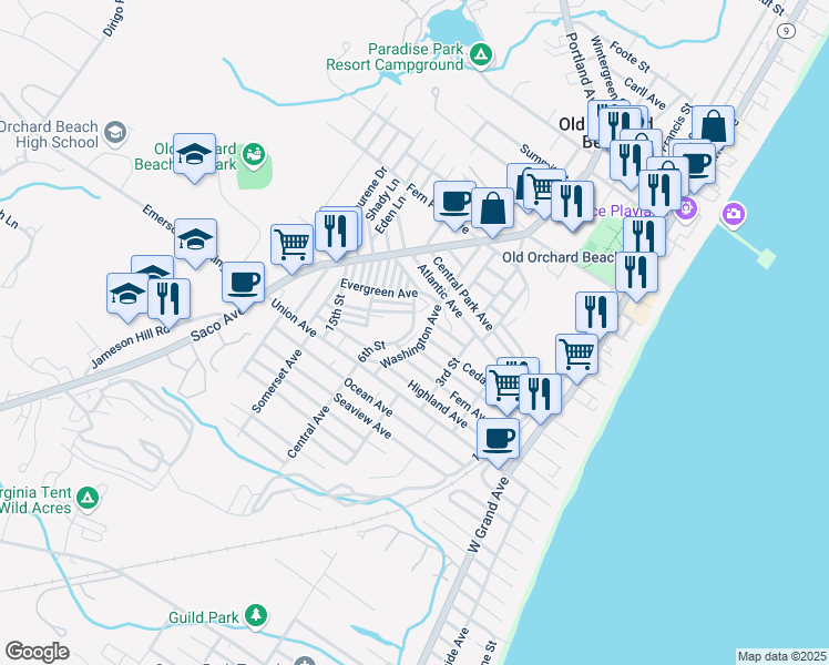 map of restaurants, bars, coffee shops, grocery stores, and more near 12 Prospect Street in Old Orchard Beach