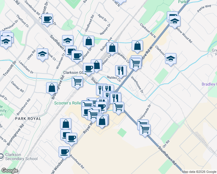 map of restaurants, bars, coffee shops, grocery stores, and more near 1035 Southdown Road in Mississauga