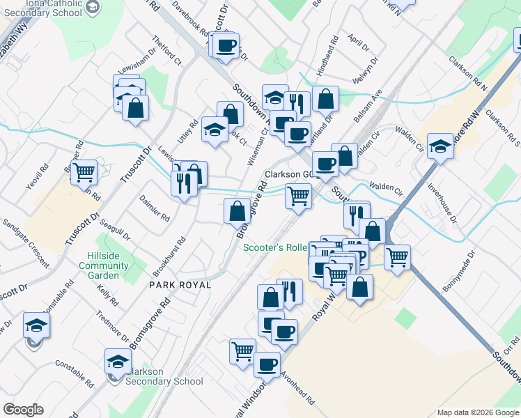 map of restaurants, bars, coffee shops, grocery stores, and more near 2150 Bromsgrove Road in Mississauga