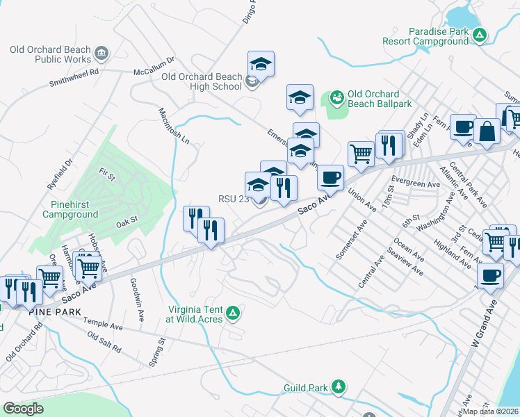 map of restaurants, bars, coffee shops, grocery stores, and more near 28 Jameson Hill Road in Old Orchard Beach