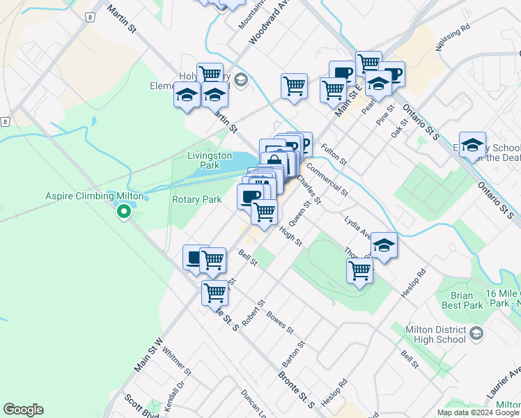 map of restaurants, bars, coffee shops, grocery stores, and more near in Milton