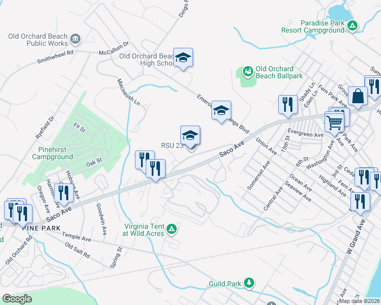 map of restaurants, bars, coffee shops, grocery stores, and more near 28 Jameson Hill Road in Old Orchard Beach