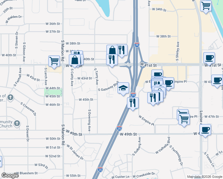 map of restaurants, bars, coffee shops, grocery stores, and more near 3560 South Gateway Boulevard in Sioux Falls