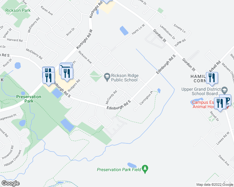 map of restaurants, bars, coffee shops, grocery stores, and more near 10 McCurdy Road in Guelph