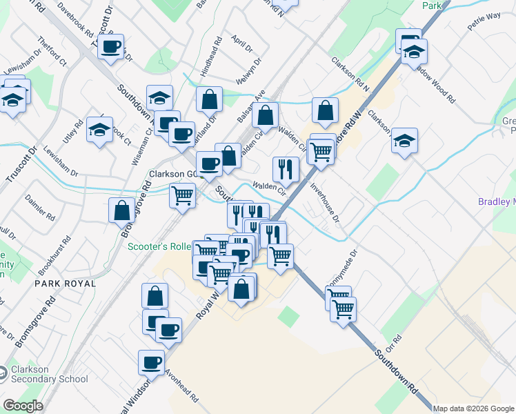 map of restaurants, bars, coffee shops, grocery stores, and more near 1035 Southdown Road in Mississauga