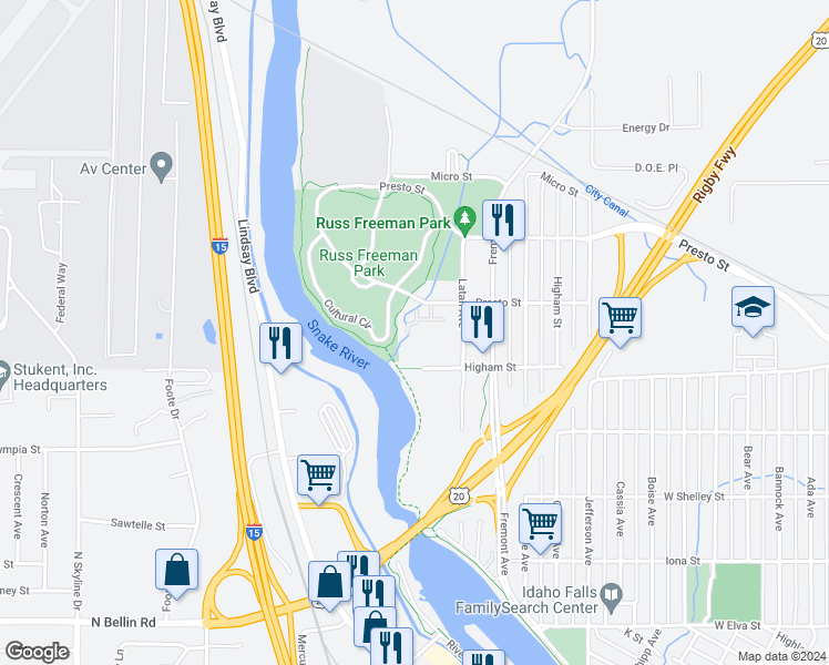 map of restaurants, bars, coffee shops, grocery stores, and more near 1425 Presto St in Idaho Falls