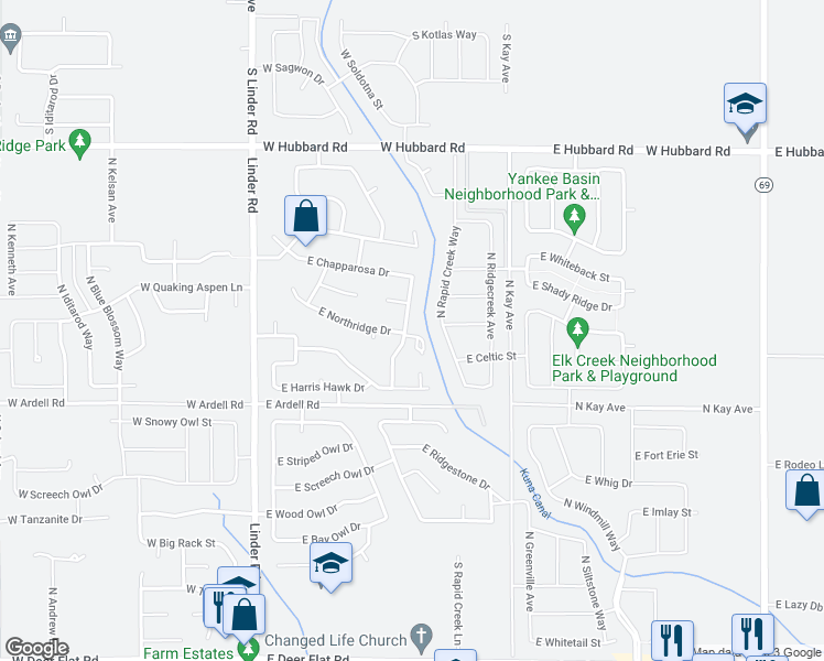 map of restaurants, bars, coffee shops, grocery stores, and more near 2382 North Snow Hawk Avenue in Kuna